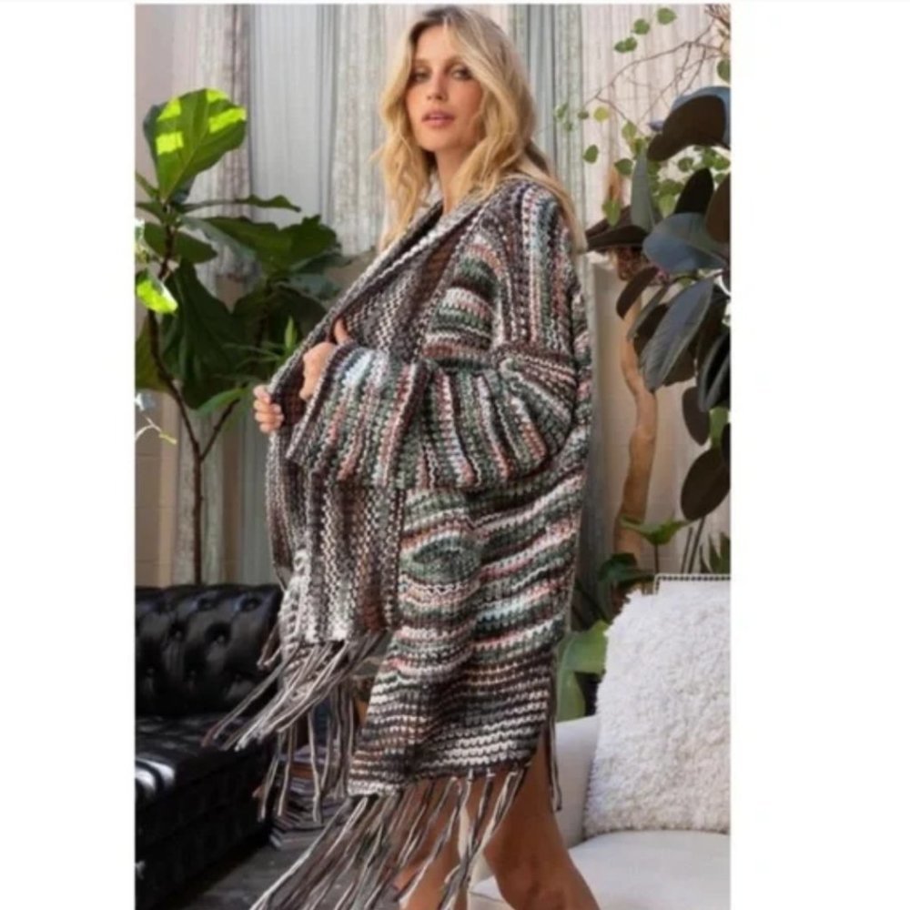 POL Striped Fringe Knit Cardigan in Brown, Green, Cream - Picture 13 of 13